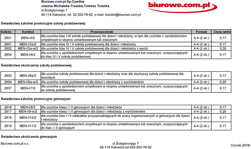 pl Świadectwa szkolne promocyjne szkoły podstawowej Indeks Symbol Przeznaczenie Format Cena netto 2831 MEN-I/l/2 dla uczniów klas I-III szkoły podstawowej dla dzieci i młodzieży, w tym dla uczniów z