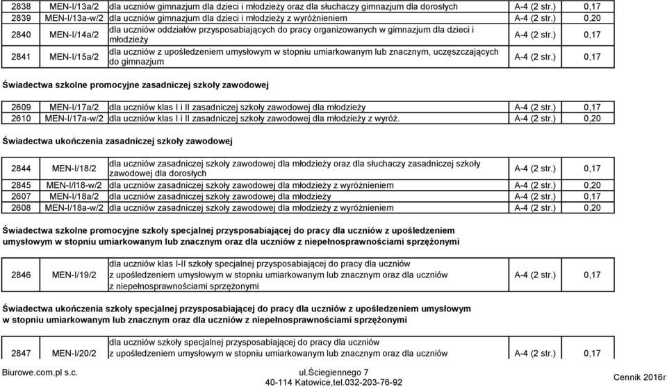 szkoły zawodowej 2609 MEN-I/17a/2 dla uczniów klas I i II zasadniczej szkoły zawodowej dla młodzieży 2610 MEN-I/17a-w/2 dla uczniów klas I i II zasadniczej szkoły zawodowej dla młodzieży z wyróż.