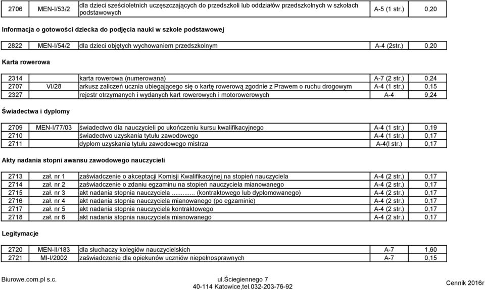 ) 0,20 Karta rowerowa 2314 karta rowerowa (numerowana) A-7 (2 str.) 0,24 2707 VI/28 arkusz zaliczeń ucznia ubiegającego się o kartę rowerową zgodnie z Prawem o ruchu drogowym A-4 (1 str.