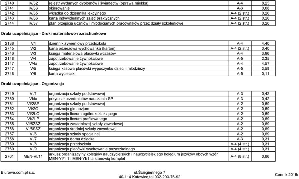 ) 0,20 Druki uzupełniające - Druki materiałowo-rozrachunkowe 2138 V/l dziennik żywieniowy przedszkola A-4 4,40 2745 V/2 karta odzieżowa wychowanka (karton) A-4 (2 str.