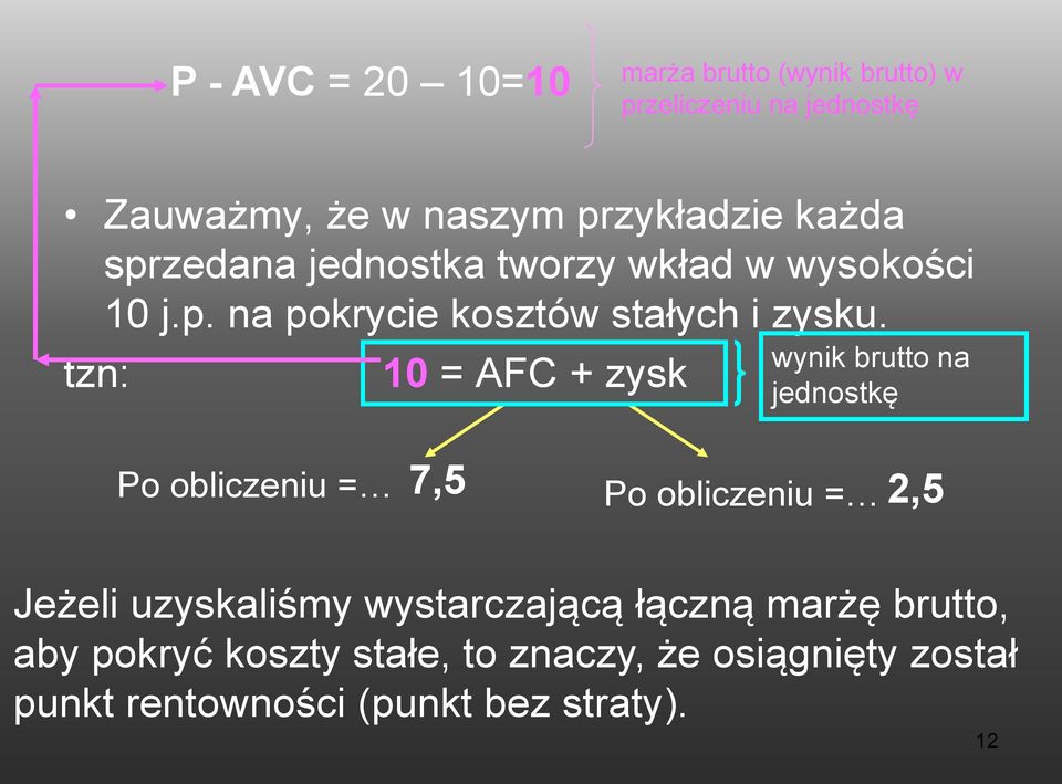 tzn: 10 = AFC + zysk wynik brutto na jednostkę Po obliczeniu = 7,5 Po obliczeniu = 2,5 Jeżeli uzyskaliśmy