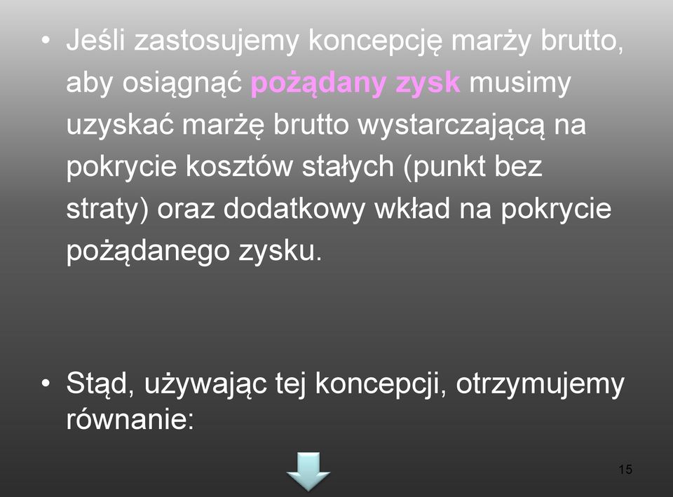 kosztów stałych (punkt bez straty) oraz dodatkowy wkład na