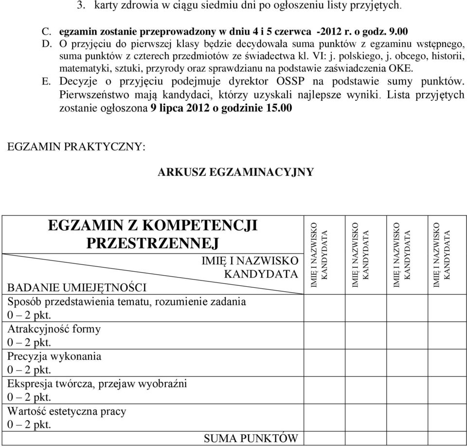 obcego, historii, matematyki, sztuki, przyrody oraz sprawdzianu na podstawie zaświadczenia OKE. E. Decyzje o przyjęciu podejmuje dyrektor OSSP na podstawie sumy punktów.