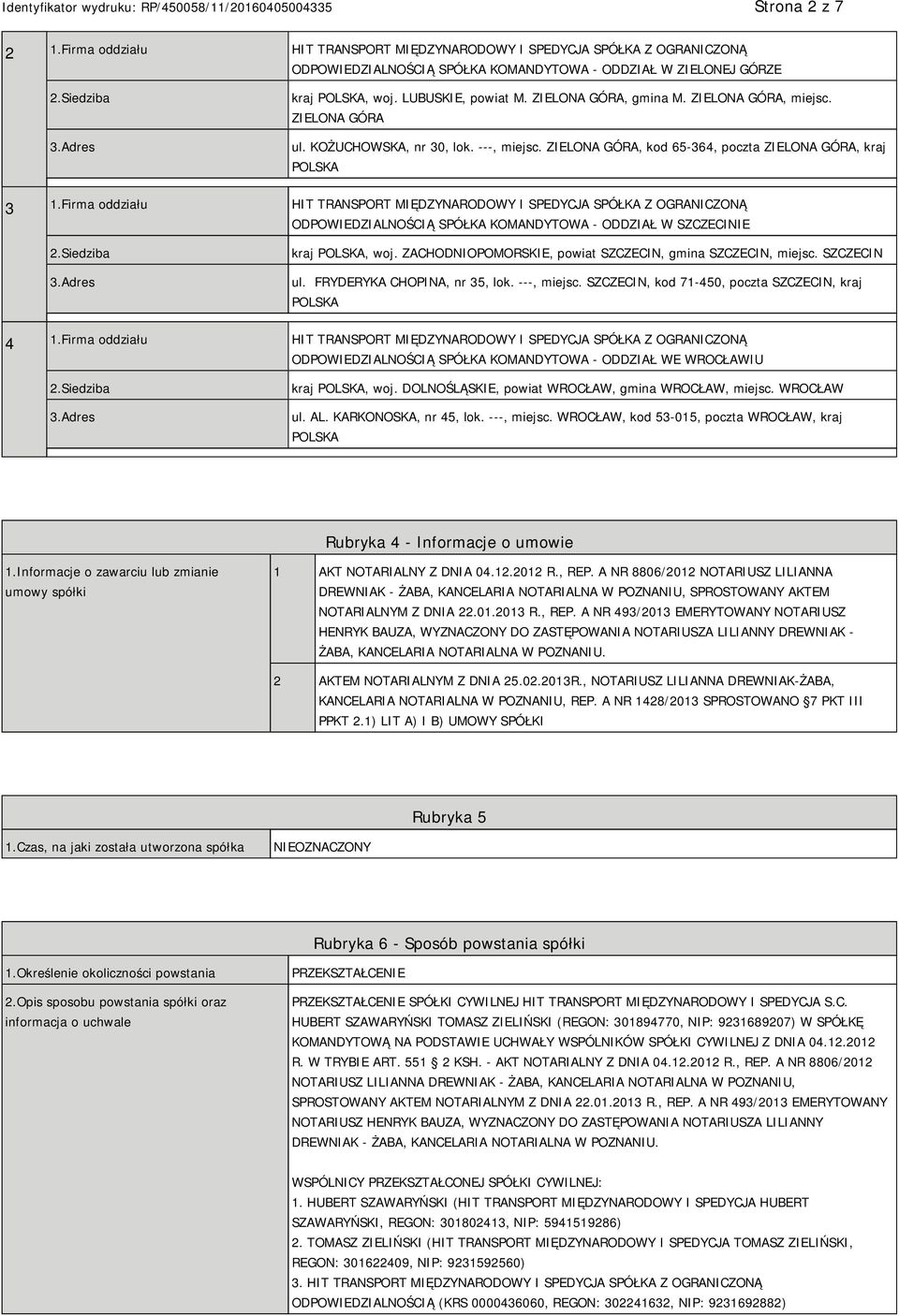 Firma oddziału HIT TRANSPORT MIĘDZYNARODOWY I SPEDYCJA SPÓŁKA Z OGRANICZONĄ ODPOWIEDZIALNOŚCIĄ SPÓŁKA KOMANDYTOWA - ODDZIAŁ W SZCZECI kraj POLSKA, woj.