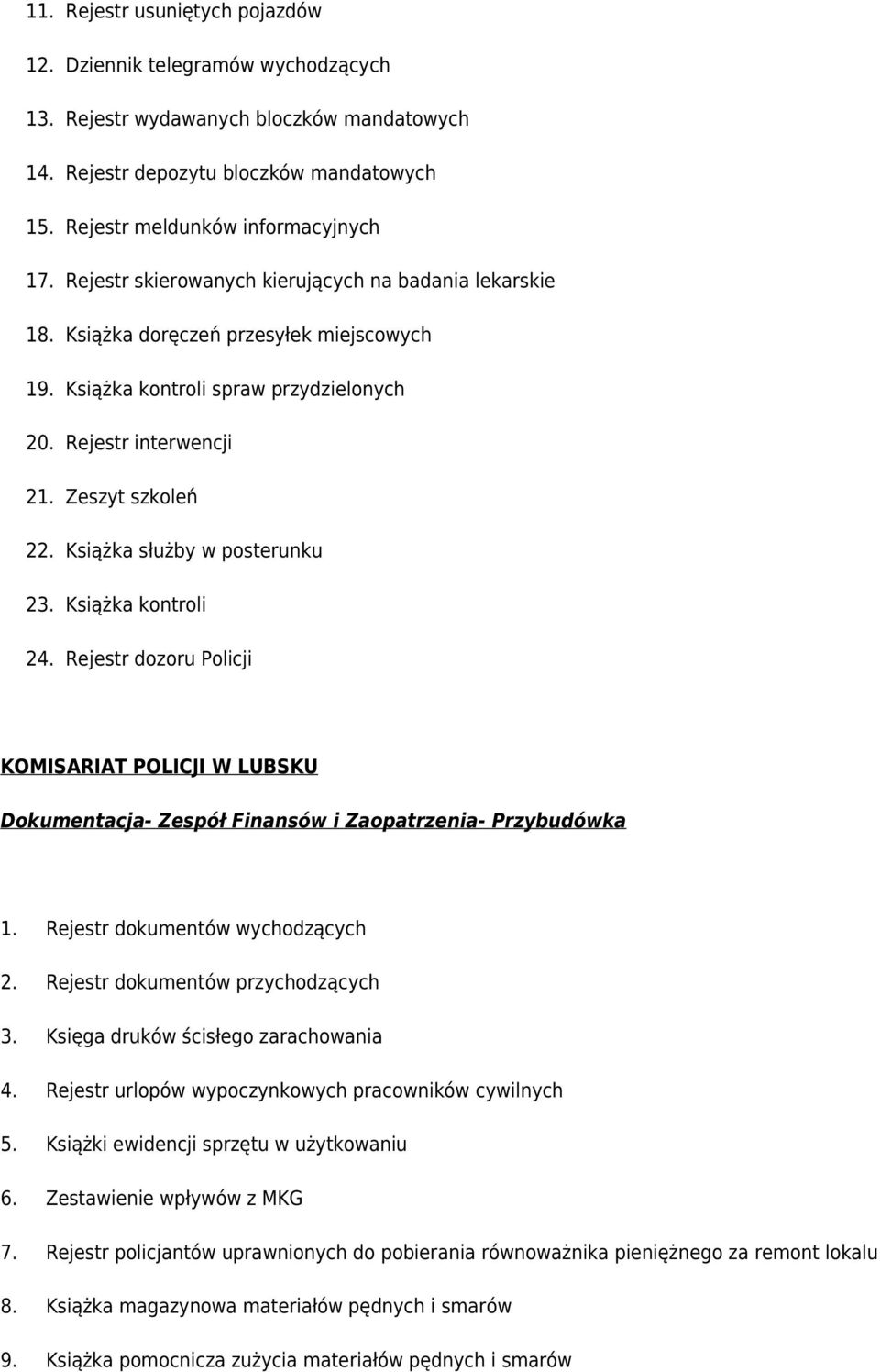 Książka służby w posterunku 23. Książka kontroli 24. Rejestr dozoru Policji KOMISARIAT POLICJI W LUBSKU Dokumentacja- Zespół Finansów i Zaopatrzenia- Przybudówka 1. Rejestr dokumentów wychodzących 2.