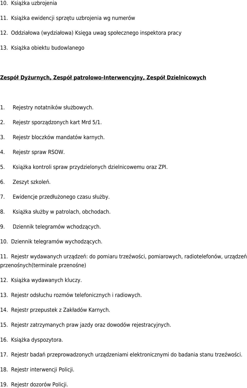 Rejestr bloczków mandatów karnych. 4. Rejestr spraw RSOW. 5. Książka kontroli spraw przydzielonych dzielnicowemu oraz ZPI. 6. Zeszyt szkoleń. 7. Ewidencje przedłużonego czasu służby. 8.