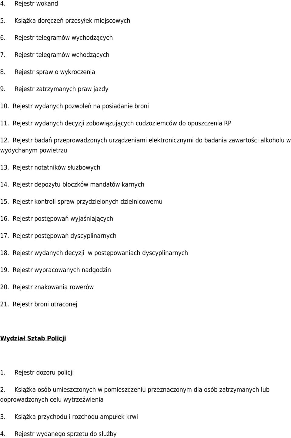 Rejestr badań przeprowadzonych urządzeniami elektronicznymi do badania zawartości alkoholu w wydychanym powietrzu 13. Rejestr notatników służbowych 14. Rejestr depozytu bloczków mandatów karnych 15.