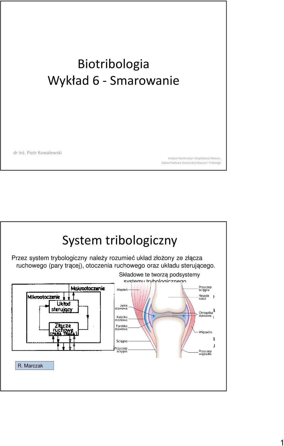 układ złożony ze złącza ruchowego (pary trącej), otoczenia ruchowego oraz układu sterującego. R. Marczak Składowe te tworzą podsystemy systemu trybologicznego.