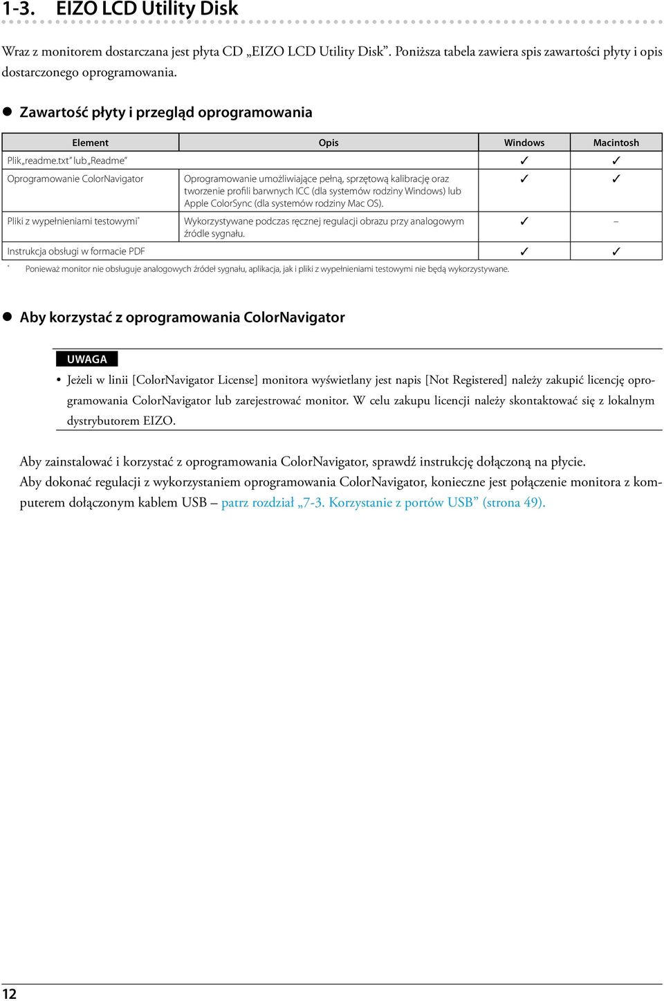 txt lub Readme Oprogramowanie ColorNavigator Oprogramowanie umożliwiające pełną, sprzętową kalibrację oraz tworzenie profili barwnych ICC (dla systemów rodziny Windows) lub Apple ColorSync (dla