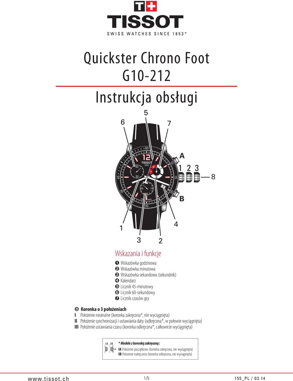II Położenie synchronizacji i ustawiania daty (odkręcona, w połowie wyciągnięta) III Położenie ustawiania czasu (koronka odkręcona, całkowicie wyciągnięta) Modele