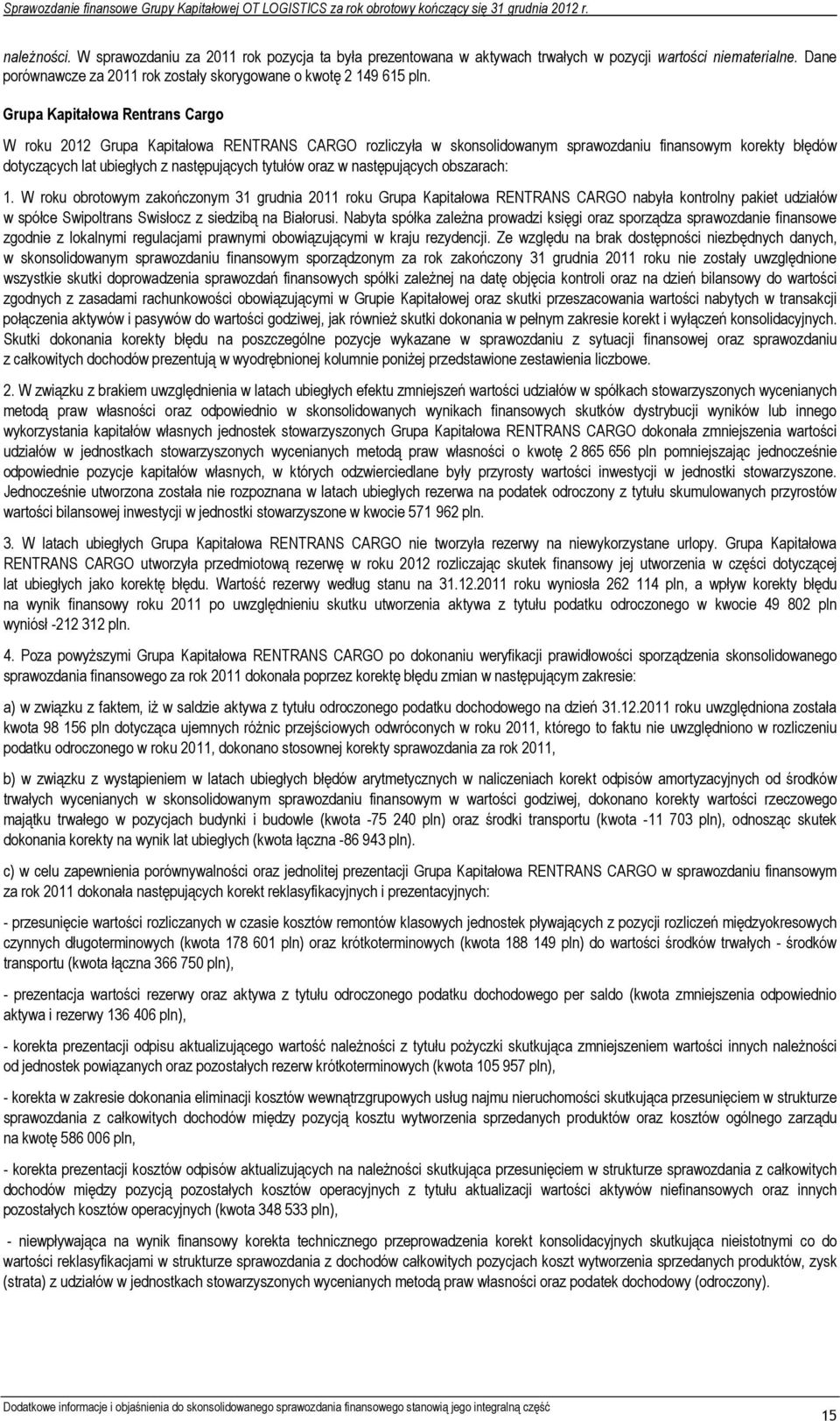 w następujących obszarach: 1. W roku obrotowym zakończonym 31 grudnia 2011 roku Grupa Kapitałowa RENTRANS CARGO nabyła kontrolny pakiet udziałów w spółce Swipoltrans Swisłocz z siedzibą na Białorusi.