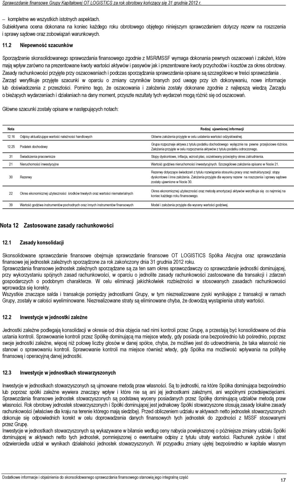 2 Niepewność szacunków Sporządzenie skonsolidowanego sprawozdania finansowego zgodnie z MSR/MSSF wymaga dokonania pewnych oszacowań i założeń, które mają wpływ zarówno na prezentowane kwoty wartości