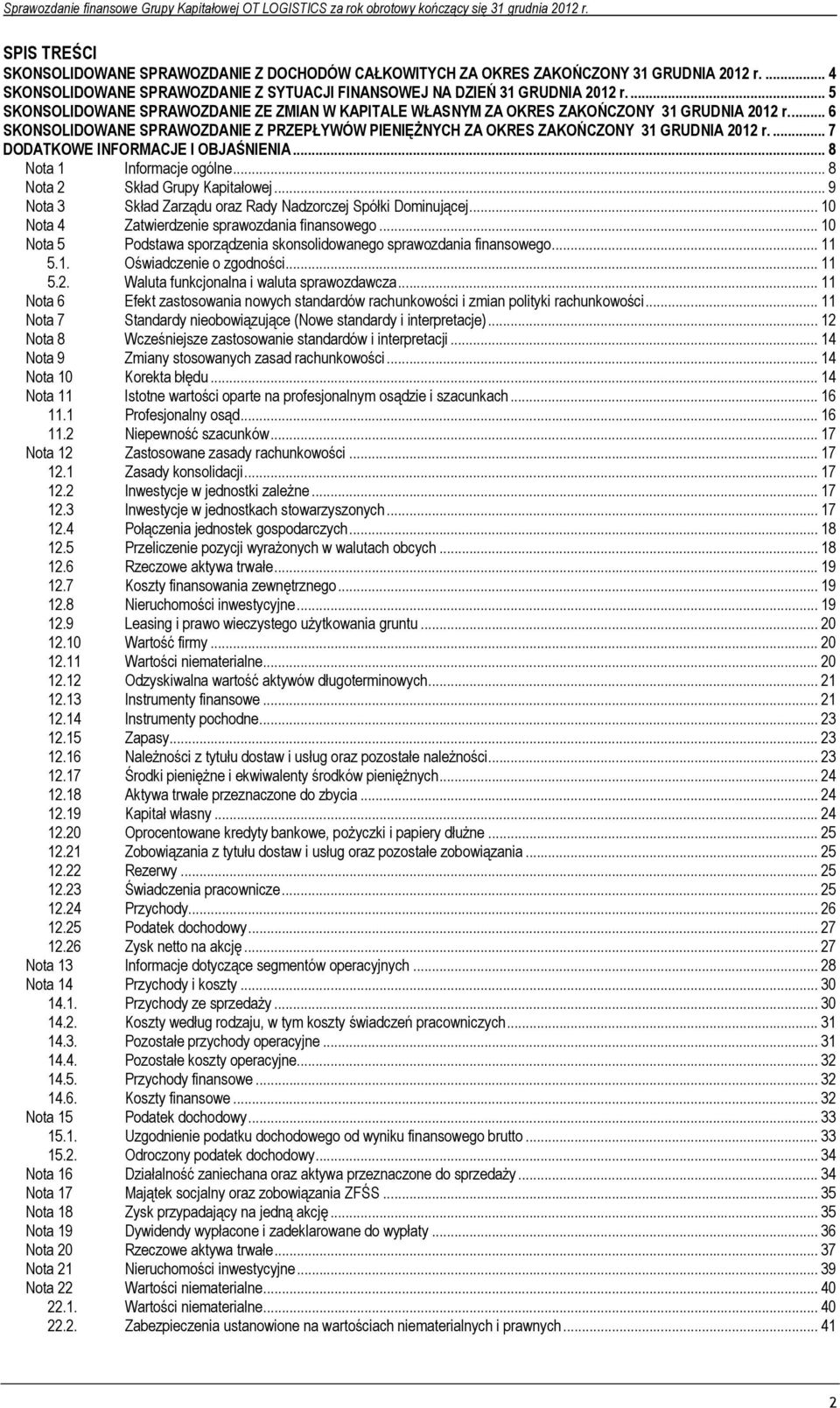 ... 7 DODATKOWE INFORMACJE I OBJAŚNIENIA... 8 Nota 1 Informacje ogólne... 8 Nota 2 Skład Grupy Kapitałowej... 9 Nota 3 Skład Zarządu oraz Rady Nadzorczej Spółki Dominującej.