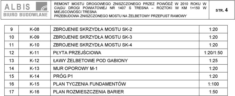 1:20/1:50 13 K-12 ŁAWY ŻELBETOWE POD GABIONY 1:25 14 K-13 MUR OPOROWY M-1 1:20 15