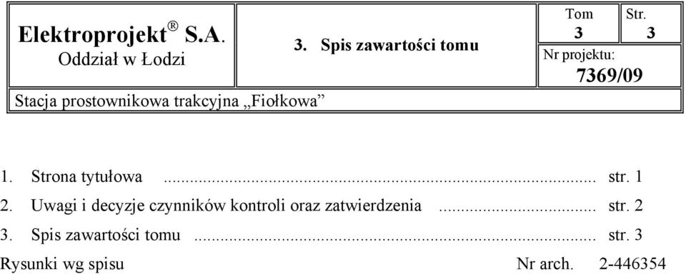 Spis zawartości tomu Tom Str. 3 3 Nr projektu: 7369/09 1. Strona tytułowa.