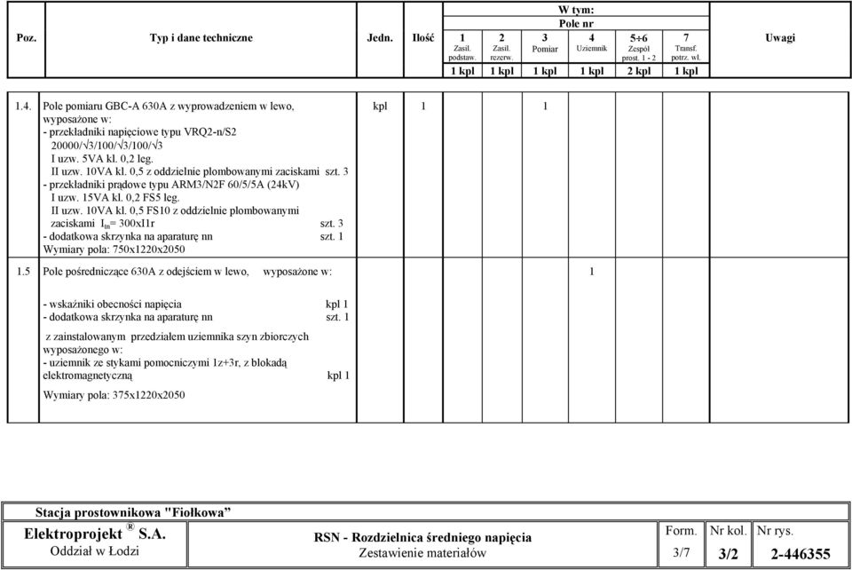 Pole pomiaru GBC-A 630A z wyprowadzeniem w lewo, wyposażone w: - przekładniki napięciowe typu VRQ2-n/S2 20000/ 3/100/ 3/100/ 3 I uzw. 5VA kl. 0,2 leg. II uzw. 10VA kl.