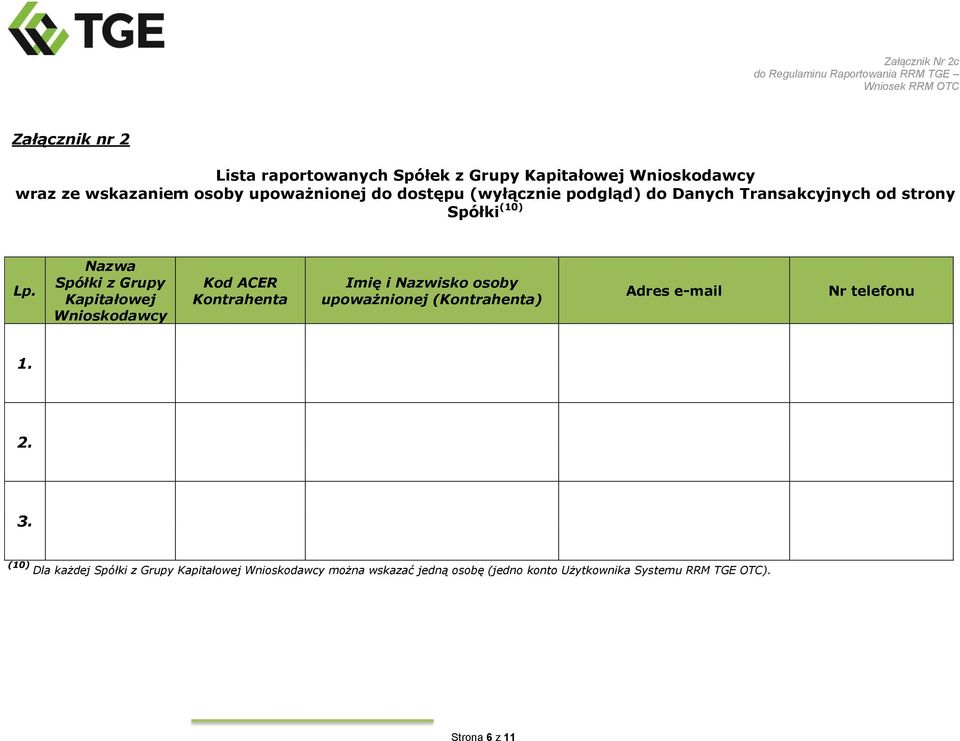 Nazwa Spółki z Grupy Kapitałowej Kod ACER Kontrahenta Imię i Nazwisko osoby upoważnionej (Kontrahenta) e-mail