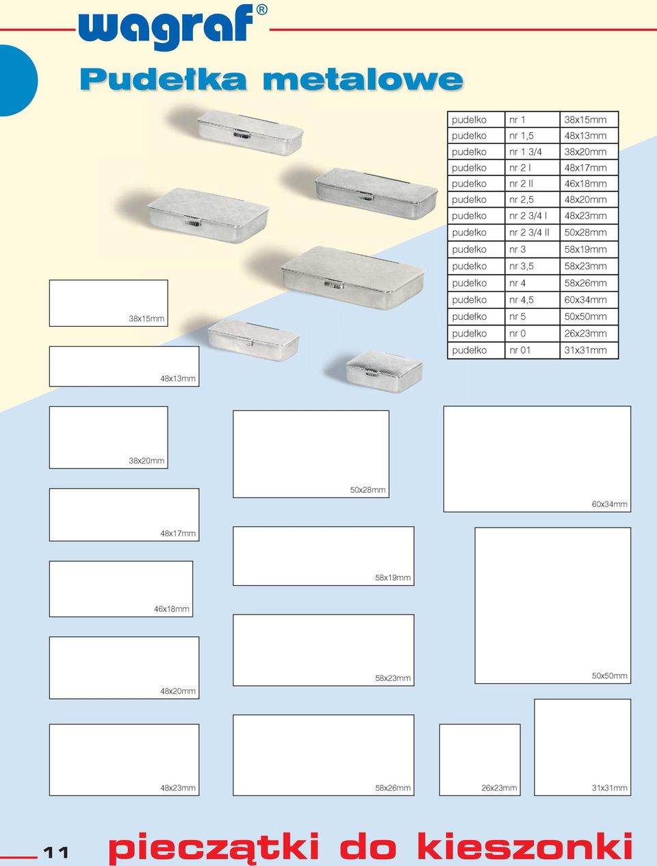 3,5 58x23mm pudełko nr 4 58x26mm pudełko nr 4,5 60x34mm pudełko nr 5 50x50mm pudełko nr 0 26x23mm pudełko nr 01 31x31mm