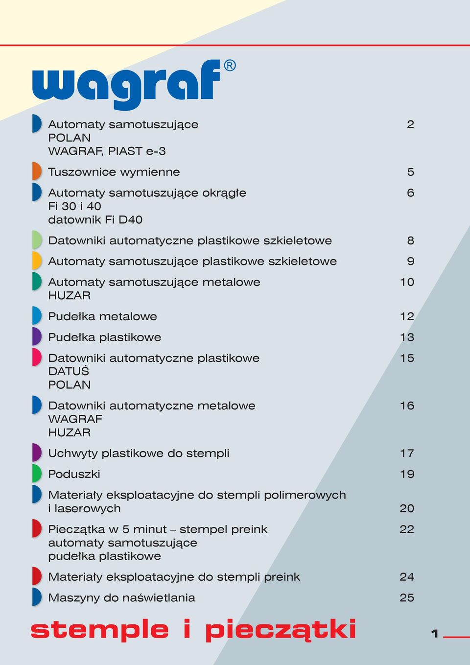 plastikowe DATUŚ POLAN Datowniki automatyczne metalowe 6 WAGRAF HUZAR Uchwyty plastikowe do stempli 7 Poduszki 9 Materiały eksploatacyjne do stempli polimerowych i