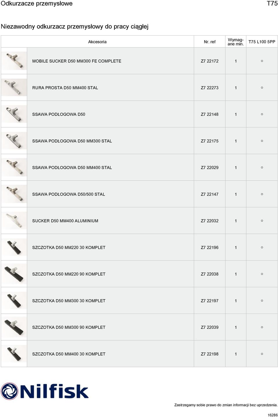 22147 1 SUCKER D50 MM400 ALUMINIUM Z7 22032 1 SZCZOTKA D50 MM220 30 KOMPLET Z7 22196 1 SZCZOTKA D50 MM220 90 KOMPLET Z7