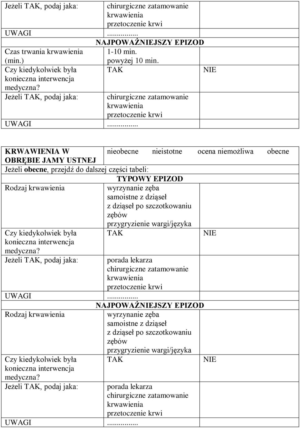 dziąseł z dziąseł po szczotkowaniu zębów przygryzienie wargi/języka Jeżeli, podaj jaka: chirurgiczne zatamowanie NAJPOWAŻJSZY EPIZOD