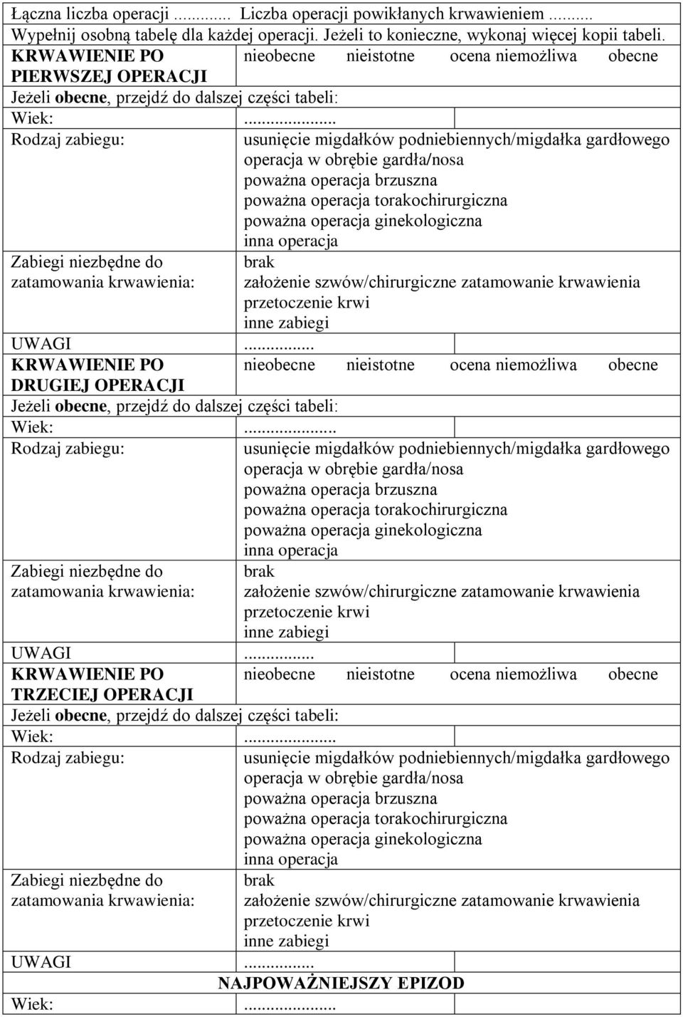 operacja torakochirurgiczna poważna operacja ginekologiczna inna operacja założenie szwów/chirurgiczne zatamowanie inne zabiegi KRWAWIE PO nieobecne nieistotne ocena niemożliwa obecne DRUGIEJ