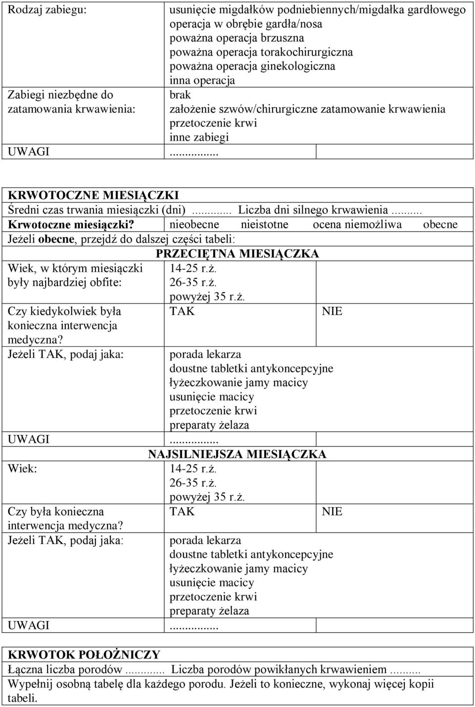 nieobecne nieistotne ocena niemożliwa obecne PRZECIĘTNA MIESIĄCZKA Wiek, w którym miesiączki były najbardziej obfite: Jeżeli, podaj jaka: 14-25 r.ż. 26-35 r.ż. powyżej 35 r.ż. doustne tabletki antykoncepcyjne łyżeczkowanie jamy macicy NAJSILJSZA MIESIĄCZKA Wiek: 14-25 r.