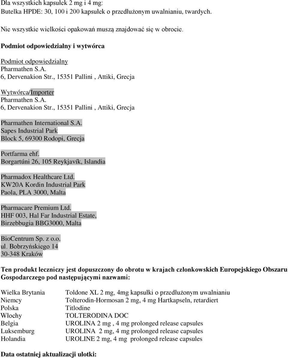 A. Sapes Industrial Park Block 5, 69300 Rodopi, Grecja Portfarma ehf. Borgartúni 26, 105 Reykjavík, Islandia Pharmadox Healthcare Ltd.