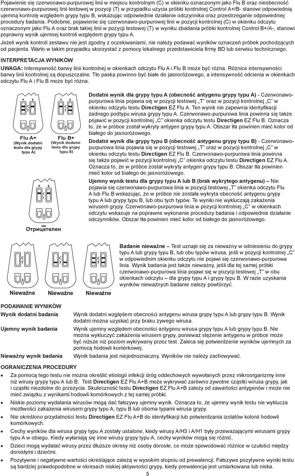 Podobnie, pojawienie się czerwonawo-purpurowej linii w pozycji kontrolnej (C) w okienku odczytu oznaczonym jako Flu A oraz brak takiej linii w pozycji testowej (T) w wyniku zbadania próbki kontrolnej