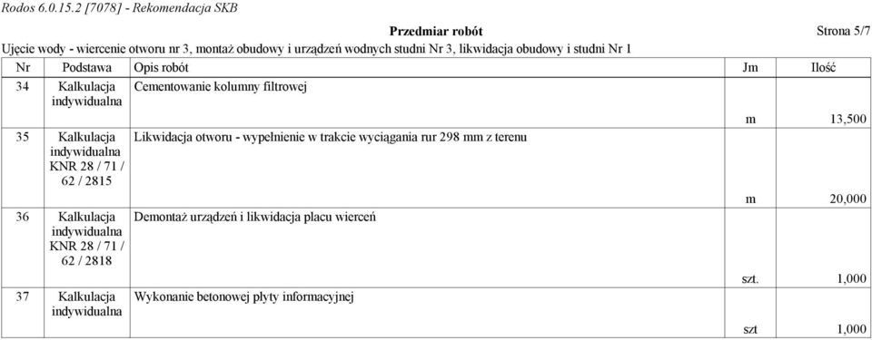 trakcie wyciągania rur 298 mm z terenu m 20,000 36 Kalkulacja 62 / 2818 Demontaż