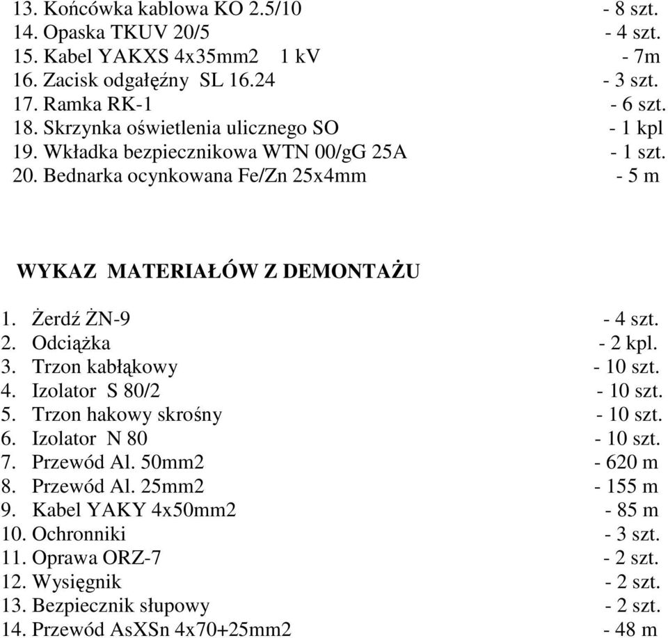 śerdź śn-9-4 szt. 2. OdciąŜka - 2 kpl. 3. Trzon kabłąkowy - 10 szt. 4. Izolator S 80/2-10 szt. 5. Trzon hakowy skrośny - 10 szt. 6. Izolator N 80-10 szt. 7. Przewód Al.