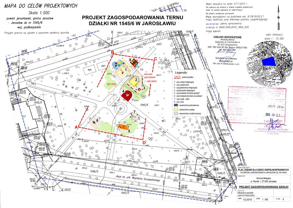 - proj. piaskownica 3. - proj piaskownica integracyjna 4. - proj karuzela integracyjna 5. - proj huśtawka "bocianie gniazdo". - proj huśtawka dla dzieci na wózkach 7. - proj. bujak - autko 8.
