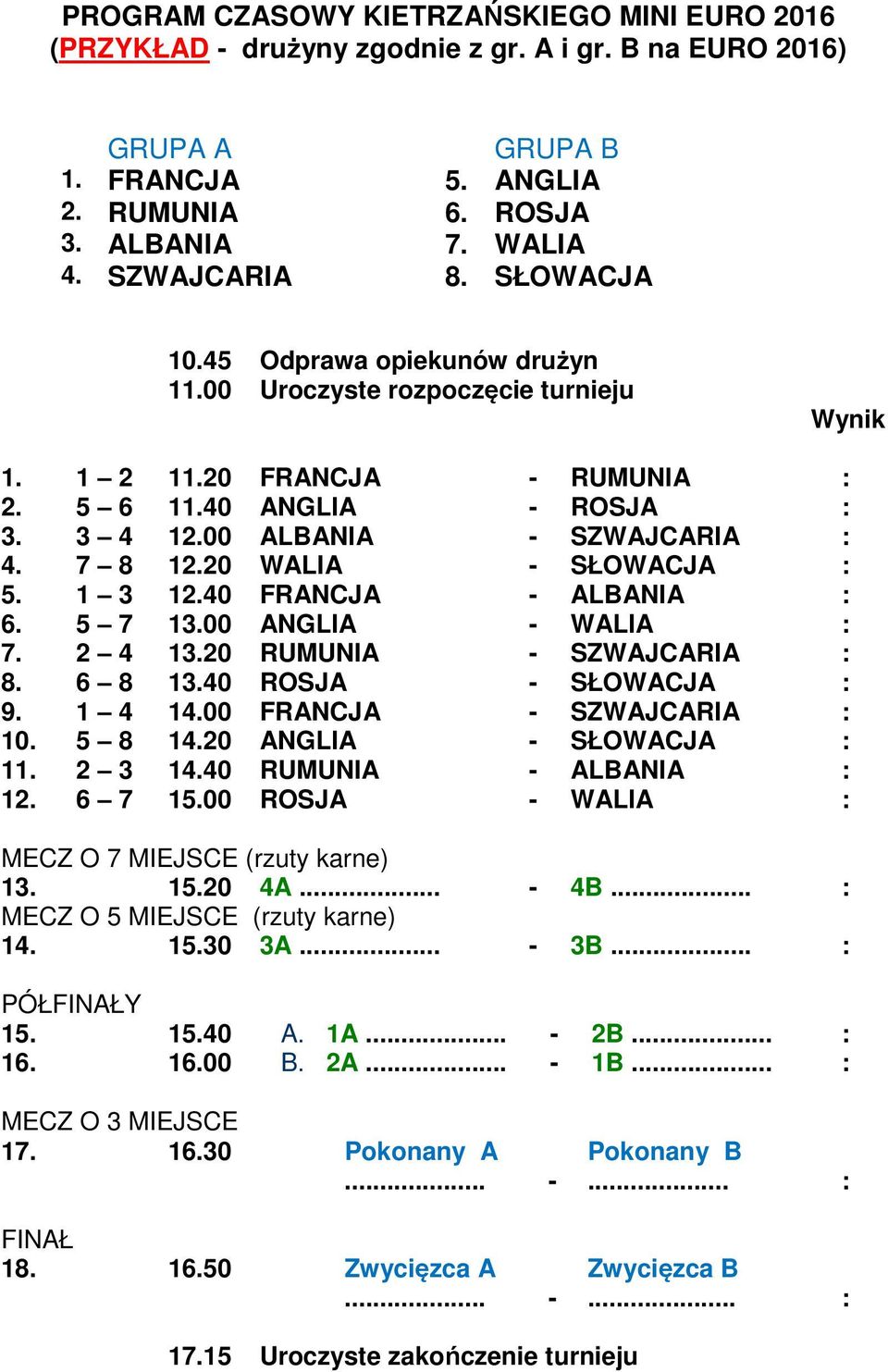 20 WALIA - SŁOWACJA : 5. 1 3 12.40 FRANCJA - ALBANIA : 6. 5 7 13.00 ANGLIA - WALIA : 7. 2 4 13.20 RUMUNIA - SZWAJCARIA : 8. 6 8 13.40 ROSJA - SŁOWACJA : 9. 1 4 14.00 FRANCJA - SZWAJCARIA : 10. 5 8 14.