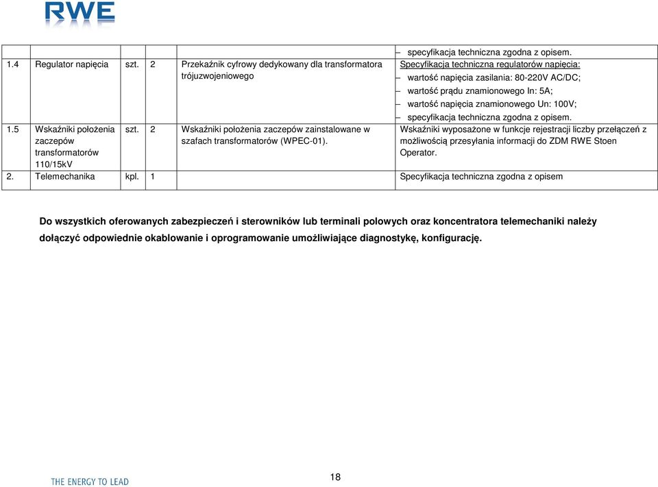Specyfikacja techniczna regulatorów napięcia: wartość napięcia zasilania: 80-220V AC/DC; wartość prądu znamionowego In: 5A; wartość napięcia znamionowego Un: 100V; specyfikacja techniczna zgodna z