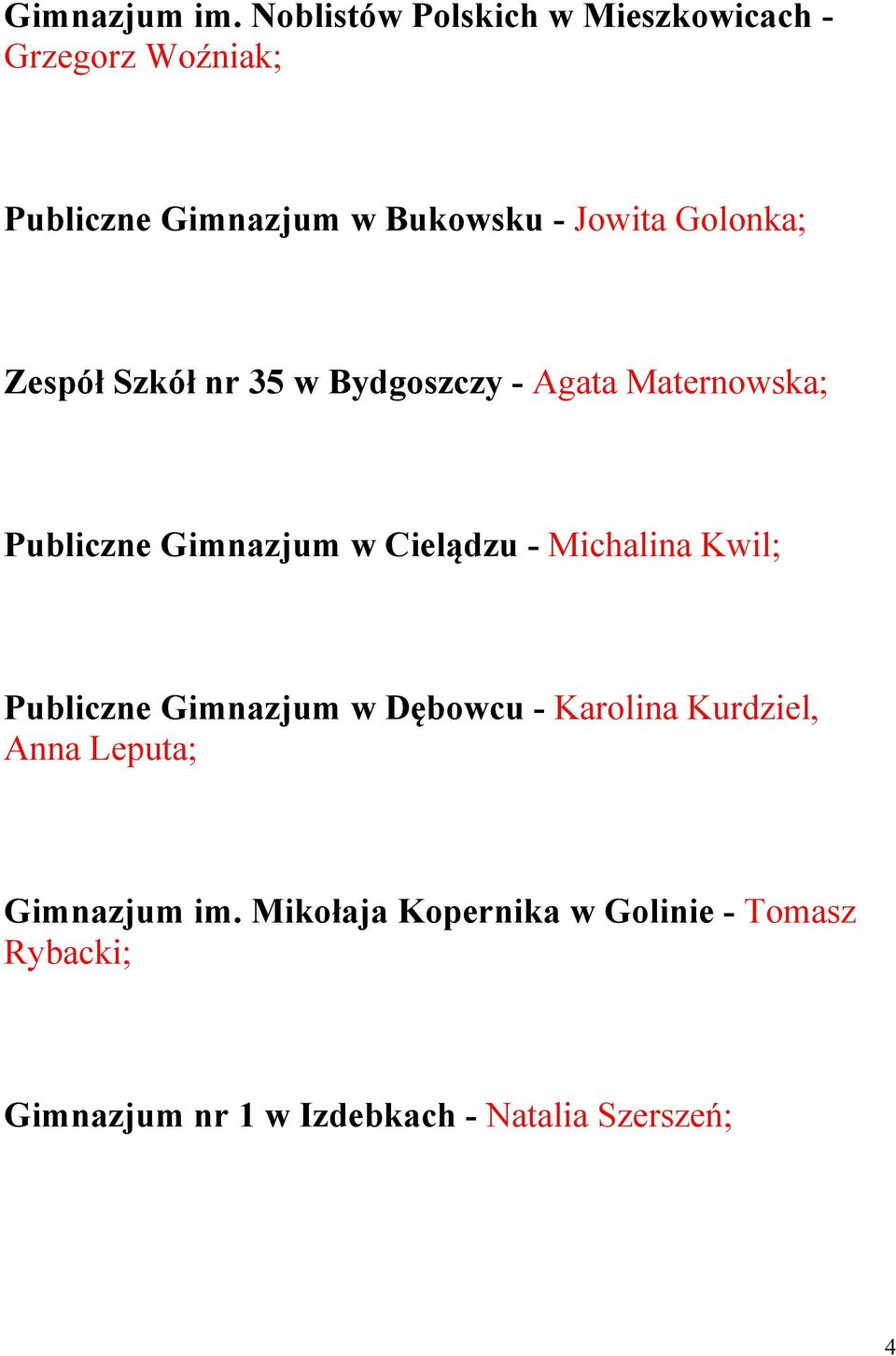 Golonka; Zespół Szkół nr 35 w Bydgoszczy - Agata Maternowska; Publiczne Gimnazjum w Cielądzu -
