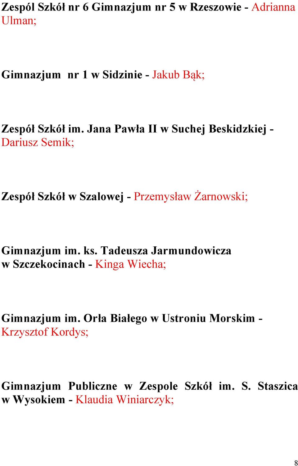 Jana Pawła II w Suchej Beskidzkiej - Dariusz Semik; Zespół Szkół w Szalowej - Przemysław Żarnowski; Gimnazjum