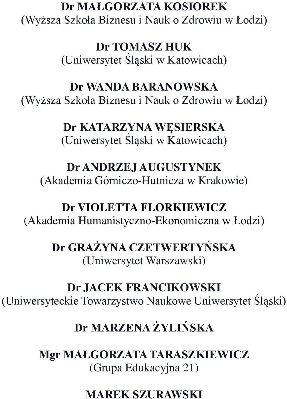 FLORKIEWICZ (Akademia Humanistyczno-Ekonomiczna w Łodzi) Dr GRAŻYNA CZETWERTYŃSKA (Uniwersytet Warszawski) Dr JACEK FRANCIKOWSKI