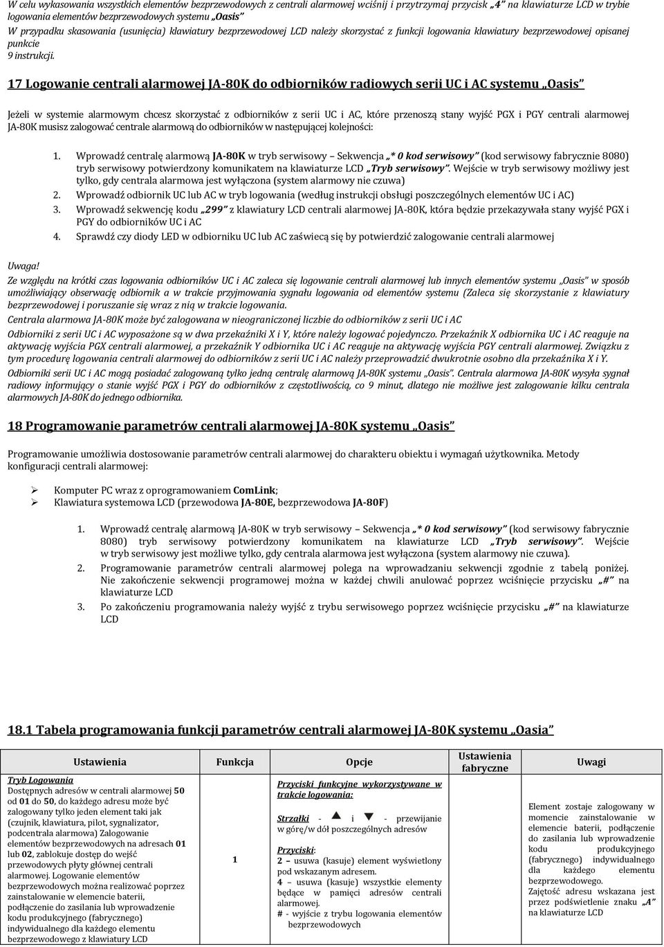 17 Logowanie centrali alarmowej JA-80K do odbiorników radiowych serii UC i AC systemu Oasis Jeżeli w systemie alarmowym chcesz skorzystać z odbiorników z serii UC i AC, które przenoszą stany wyjść