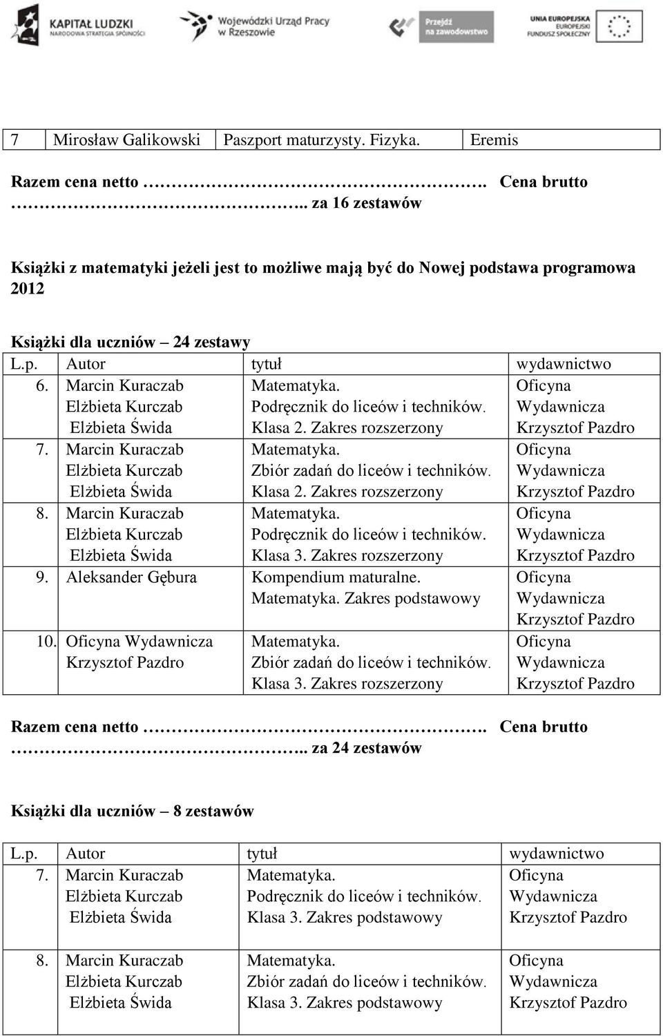 Klasa 3. Zakres rozszerzony 9. Aleksander Gębura Kompendium maturalne. Zakres 10. Zbiór zadań do liceów i techników. Klasa 3. Zakres rozszerzony.. za 24 zestawów Książki dla uczniów 8 zestawów 7.