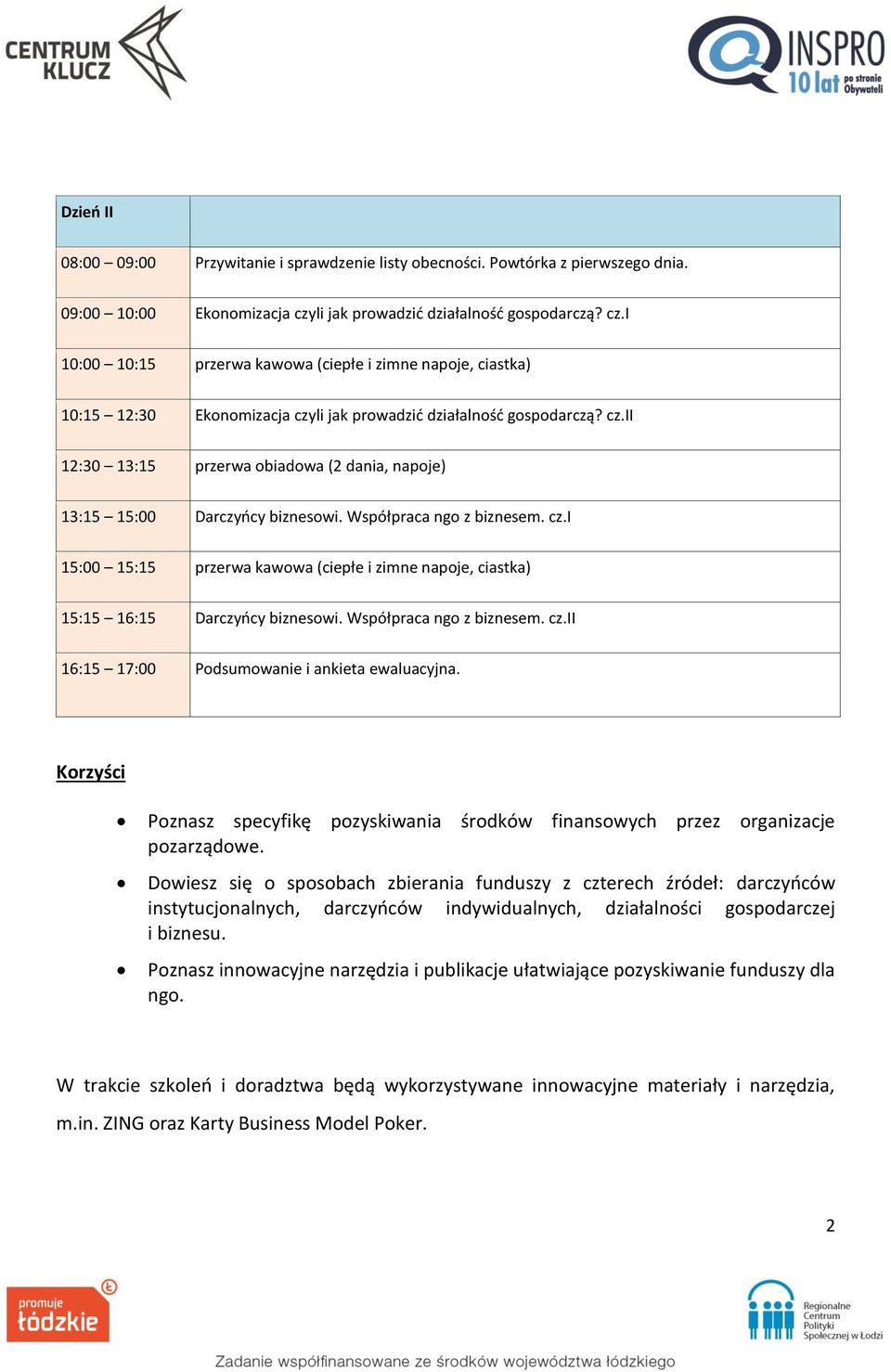 Współpraca ngo z biznesem. cz.i 15:00 15:15 przerwa kawowa (ciepłe i zimne napoje, ciastka) 15:15 16:15 Darczyńcy biznesowi. Współpraca ngo z biznesem. cz.ii 16:15 17:00 Podsumowanie i ankieta ewaluacyjna.