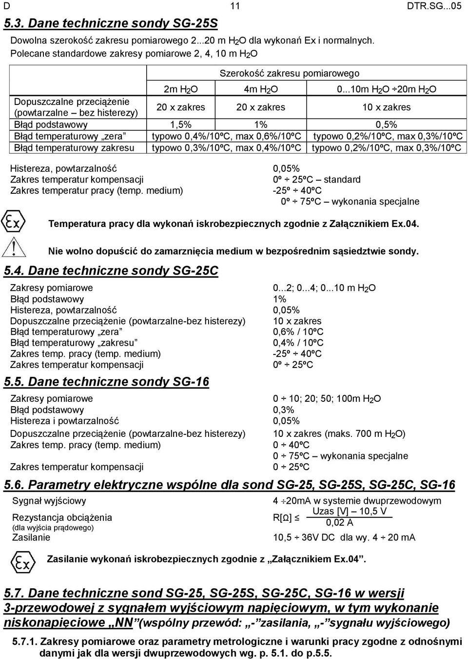 ..10m H 2O 20m H 2O Dopuszczalne przeciążenie (powtarzalne bez histerezy) 20 x zakres 20 x zakres 10 x zakres Błąd podstawowy 1,5% 1% 0,5% Błąd temperaturowy zera typowo 0,4%/10ºC, max 0,6%/10ºC