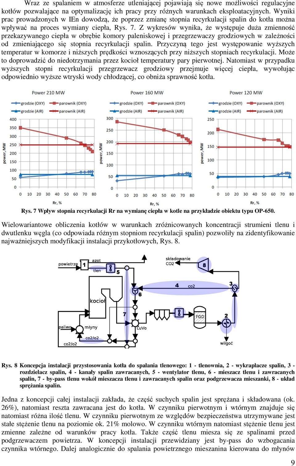 Z wykresów wynika, że występuje duża zmienność przekazywanego ciepła w obrębie komory paleniskowej i przegrzewaczy grodziowych w zależności od zmieniającego się stopnia recyrkulacji spalin.