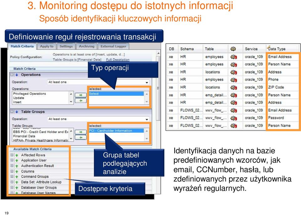 podlegających analizie Dostępne kryteria Identyfikacja danych na bazie