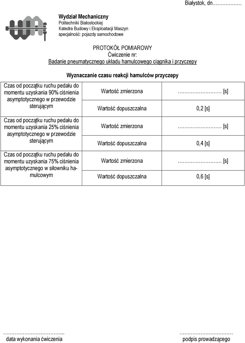 zmierzona Wartość dopuszczalna [s] 0,2 [s] Czas od początku ruchu pedału do momentu uzyskania 25% ciśnienia asymptotycznego w przewodzie sterującym Czas od początku ruchu pedału do momentu