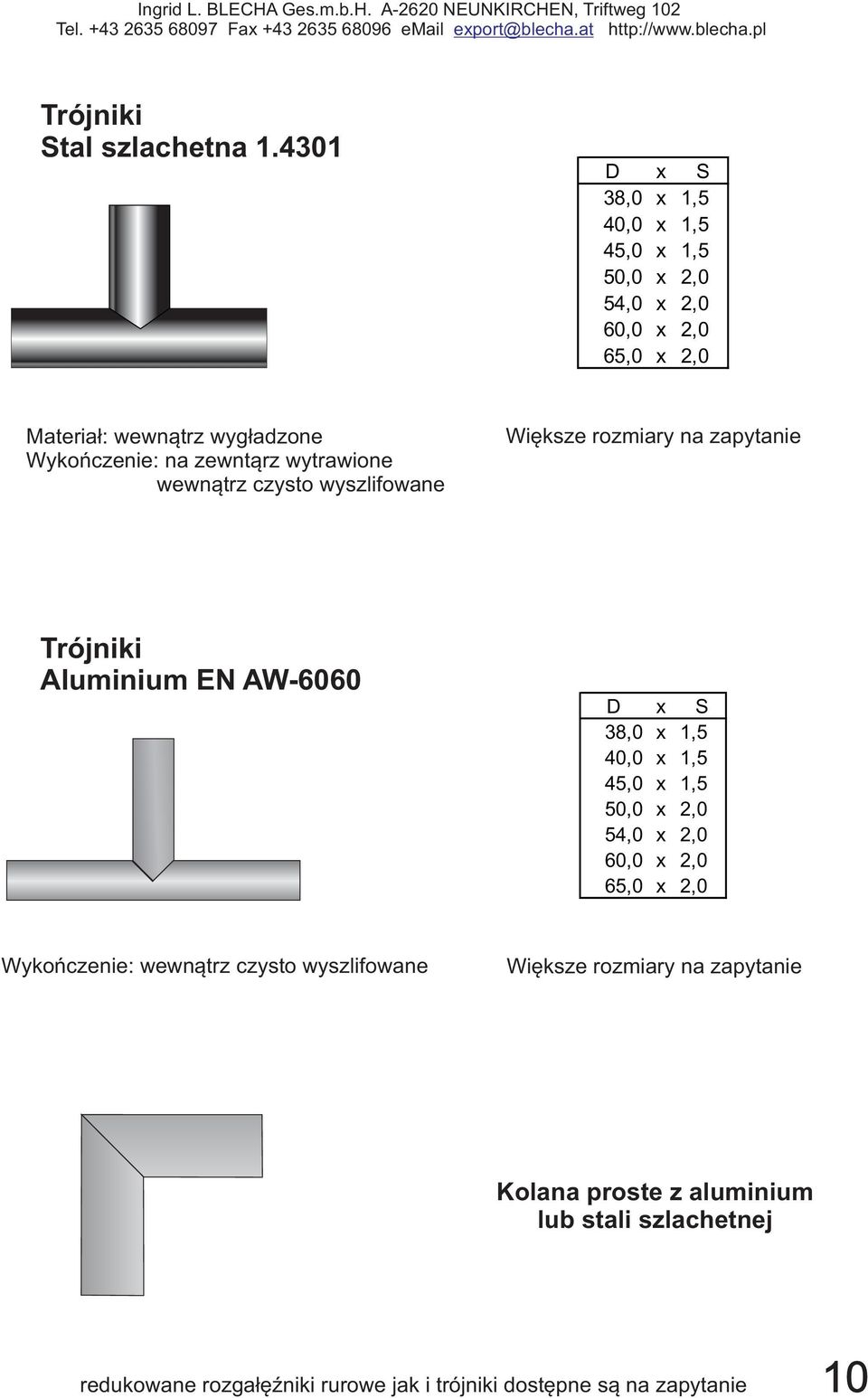 zewntąrz wytrawione wewnątrz czysto wyszlifowane Większe rozmiary na zapytanie Trójniki Aluminium EN AW-6060 D x S 38,0 x 1,5 40,0 x 1,5