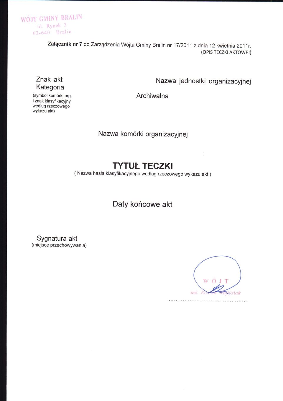 i znak klasyfikacyjny wedtug rzeczowego wykazu akt) Archiwalna Nazwa jednostki organ