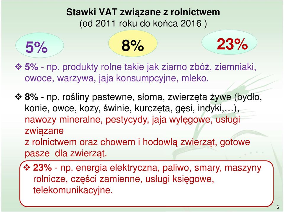 rośliny pastewne, słoma, zwierzęta żywe (bydło, konie, owce, kozy, świnie, kurczęta, gęsi, indyki, ), nawozy mineralne, pestycydy,