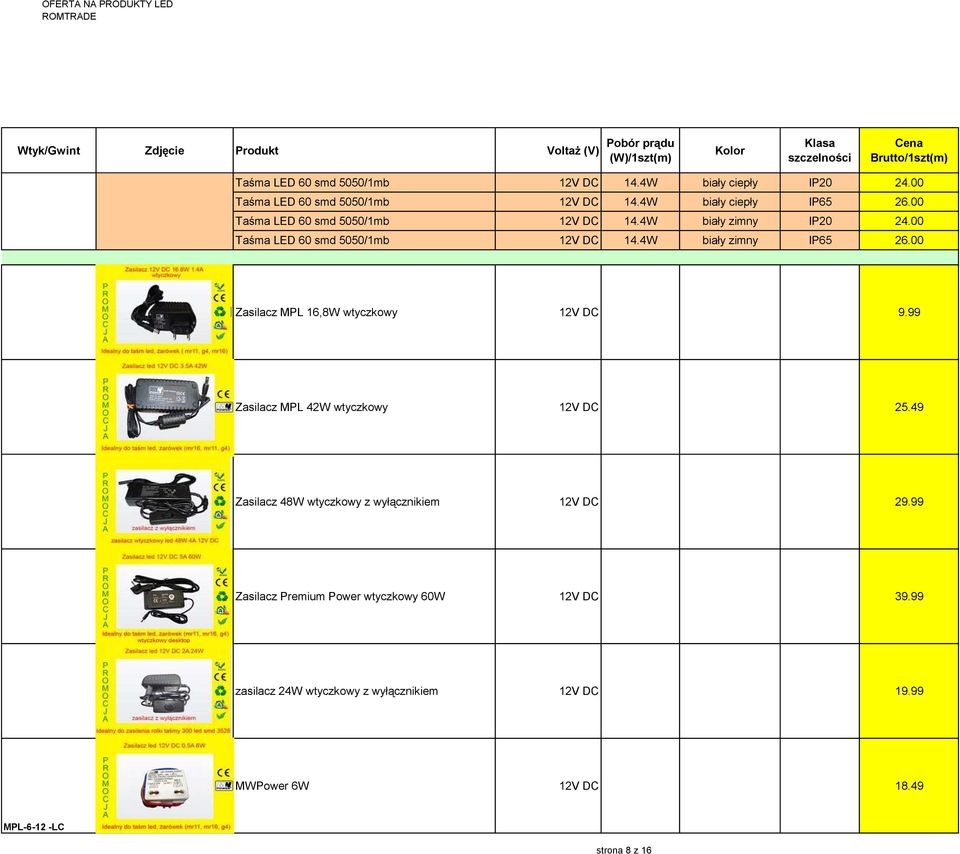 00 Zasilacz MPL 16,8W wtyczkowy 12V DC 9.99 Zasilacz MPL 42W wtyczkowy 12V DC 25.49 Zasilacz 48W wtyczkowy z wyłącznikiem 12V DC 29.