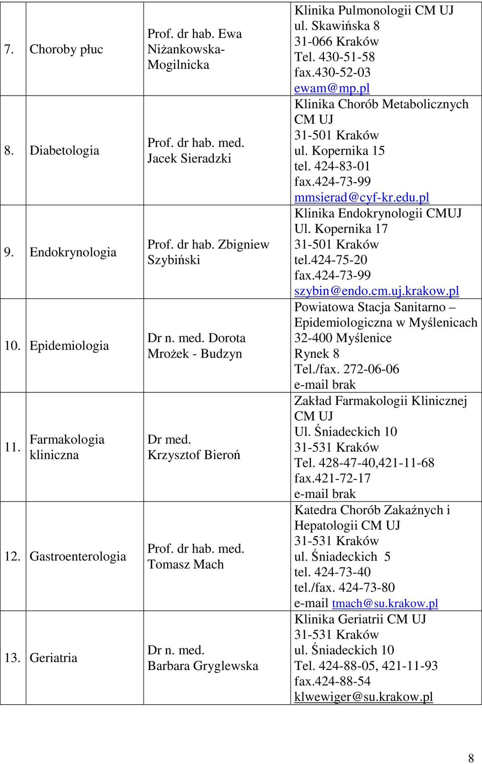430-52-03 ewam@mp.pl Klinika Chorób Metabolicznych ul. Kopernika 15 tel. 424-83-01 fax.424-73-99 mmsierad@cyf-kr.edu.pl Klinika Endokrynologii CMUJ Ul. Kopernika 17 tel.424-75-20 fax.