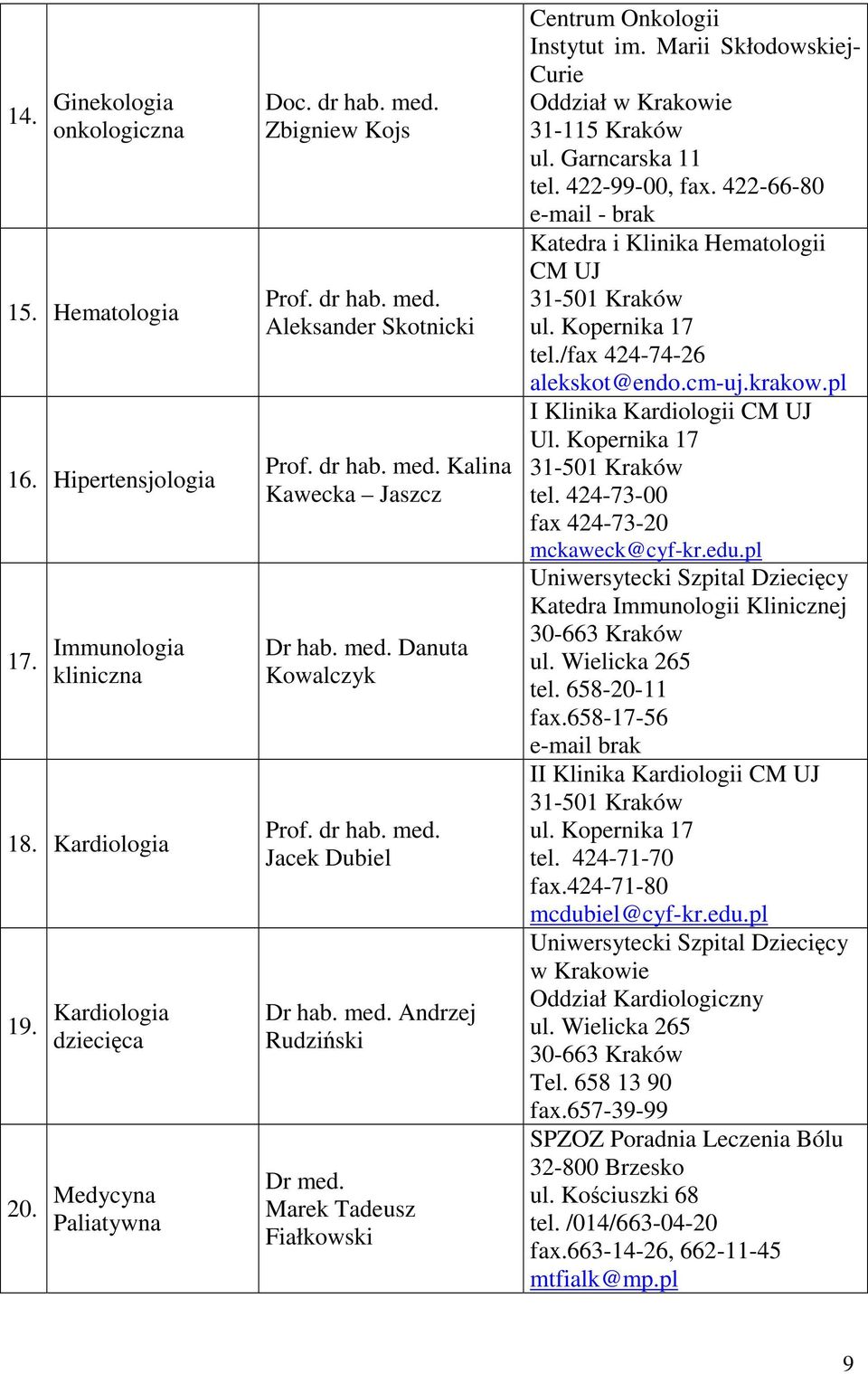 Marii Skłodowskiej- Curie Oddział w Krakowie 31-115 Kraków ul. Garncarska 11 tel. 422-99-00, fax. 422-66-80 Katedra i Klinika Hematologii ul. Kopernika 17 tel./fax 424-74-26 alekskot@endo.cm-uj.